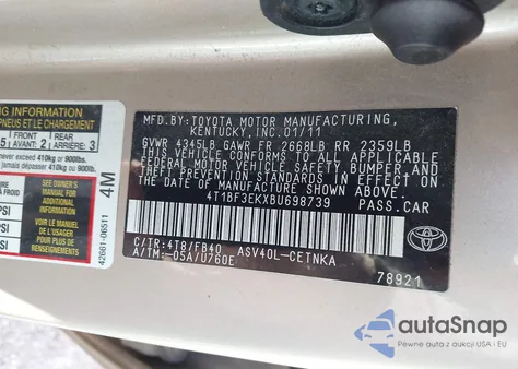 2011 Toyota Camry Le z USA, uszkodzony, nr VIN 4T1BF3EKXBU698739